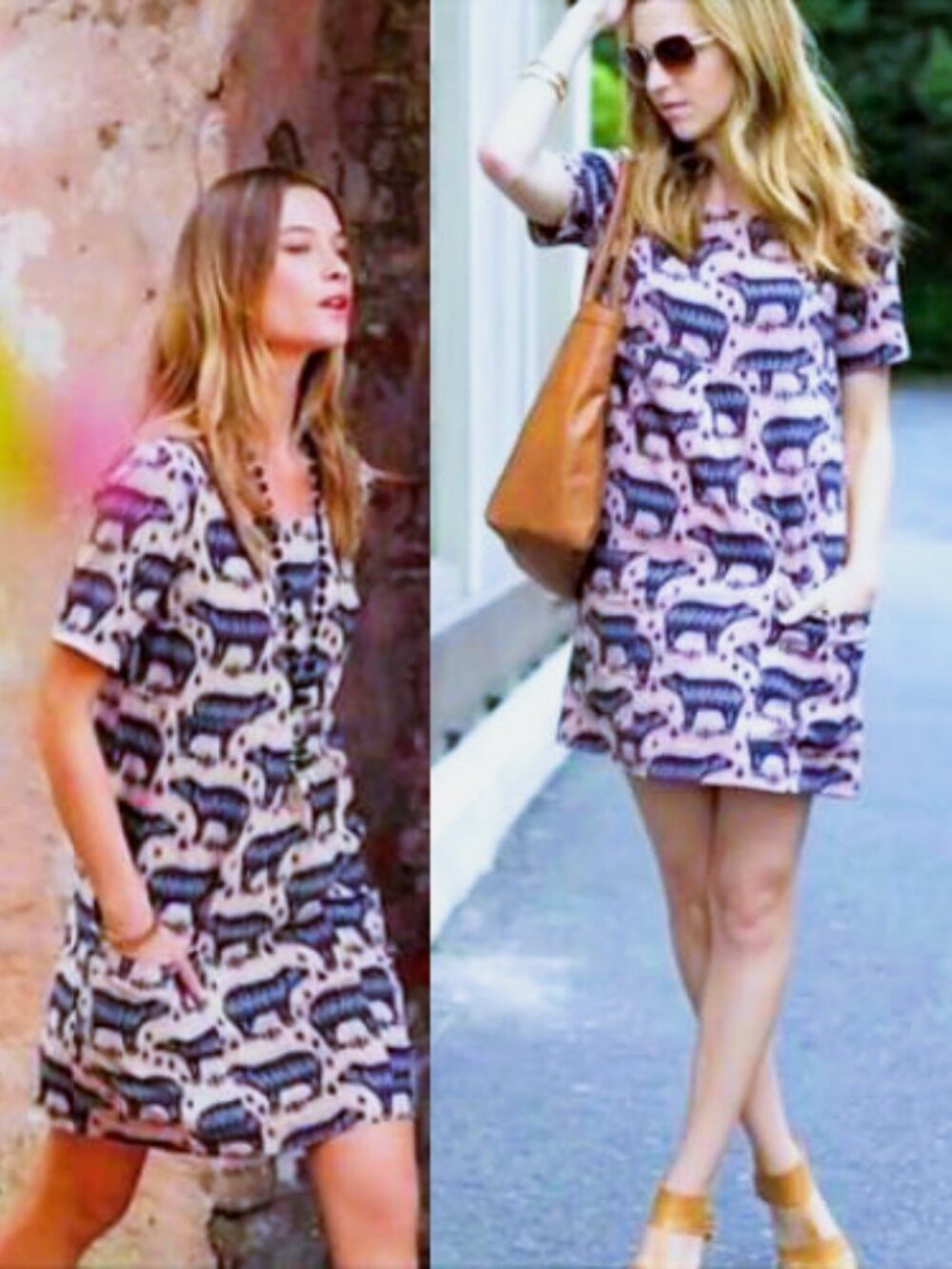 Anthropologie Maeve Light Pink & Navy Short Sleeve Shift Dress with Pockets